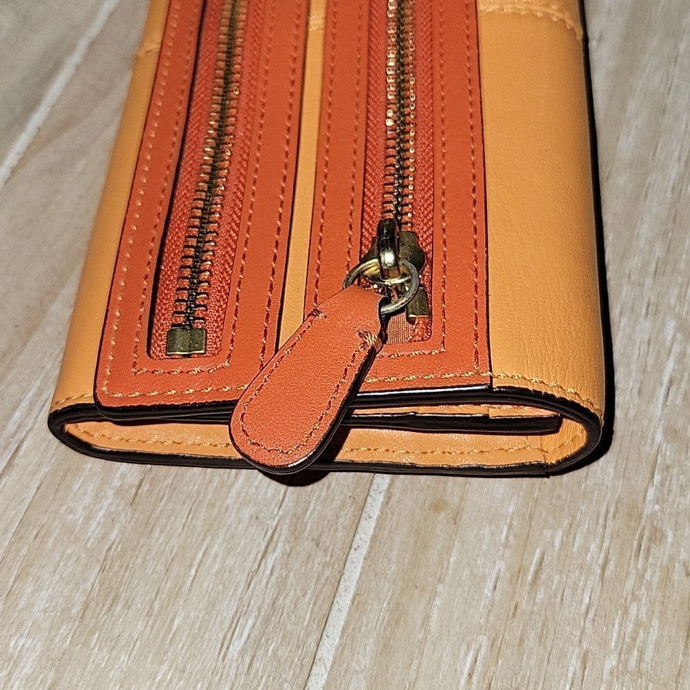 Coach Leather Double Zip Flap Wallet Orange - Picture 2 of 14